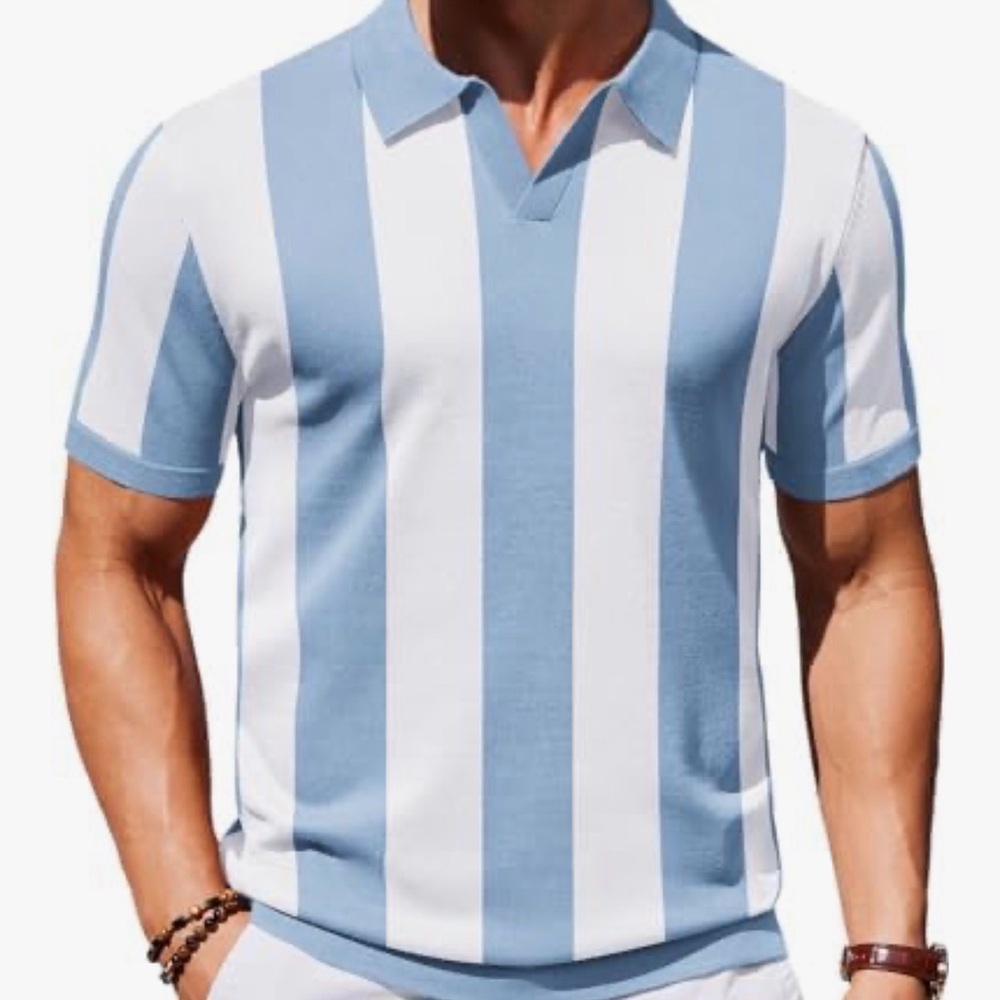 Coofandy Vertical Stripe Polo Shirt in Light Blue & White size Large casual - Picture 10 of 10